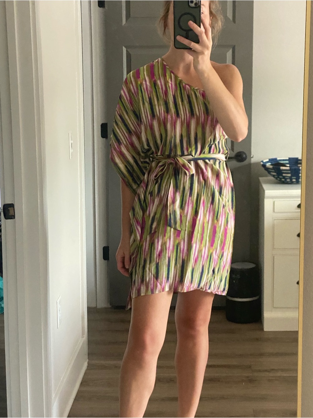 charlie jade One-Shoulder Belted Dress in Green & Pink Abstract Print